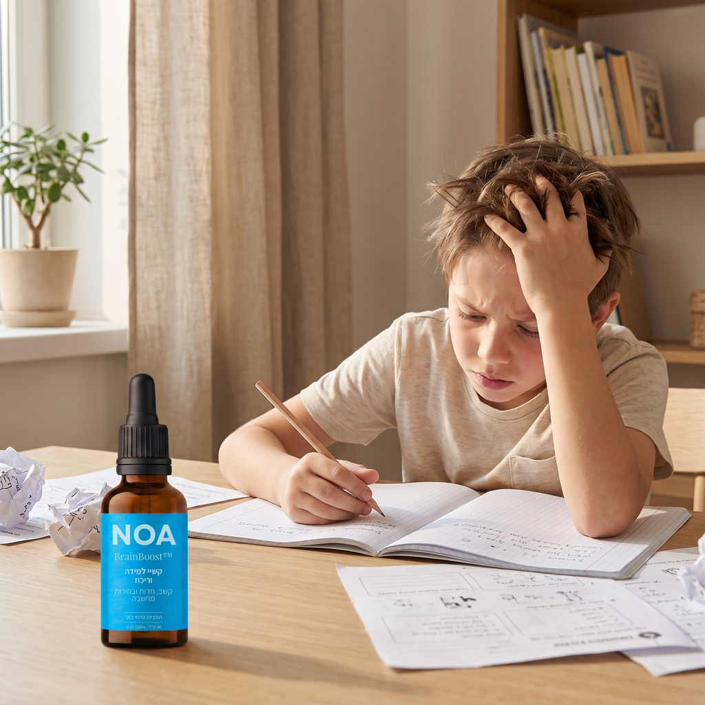 ילד מתקשה להתרכז בשיעורי בית | NOA BrainBoost™ תמצית פרחי באך