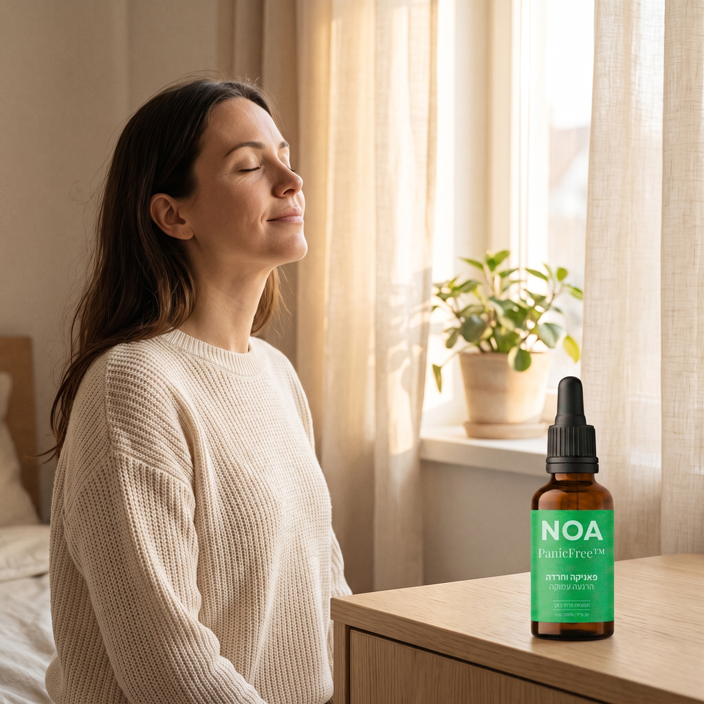 אישה רגועה נושמת עמוק מול החלון | NOA PanicFree™