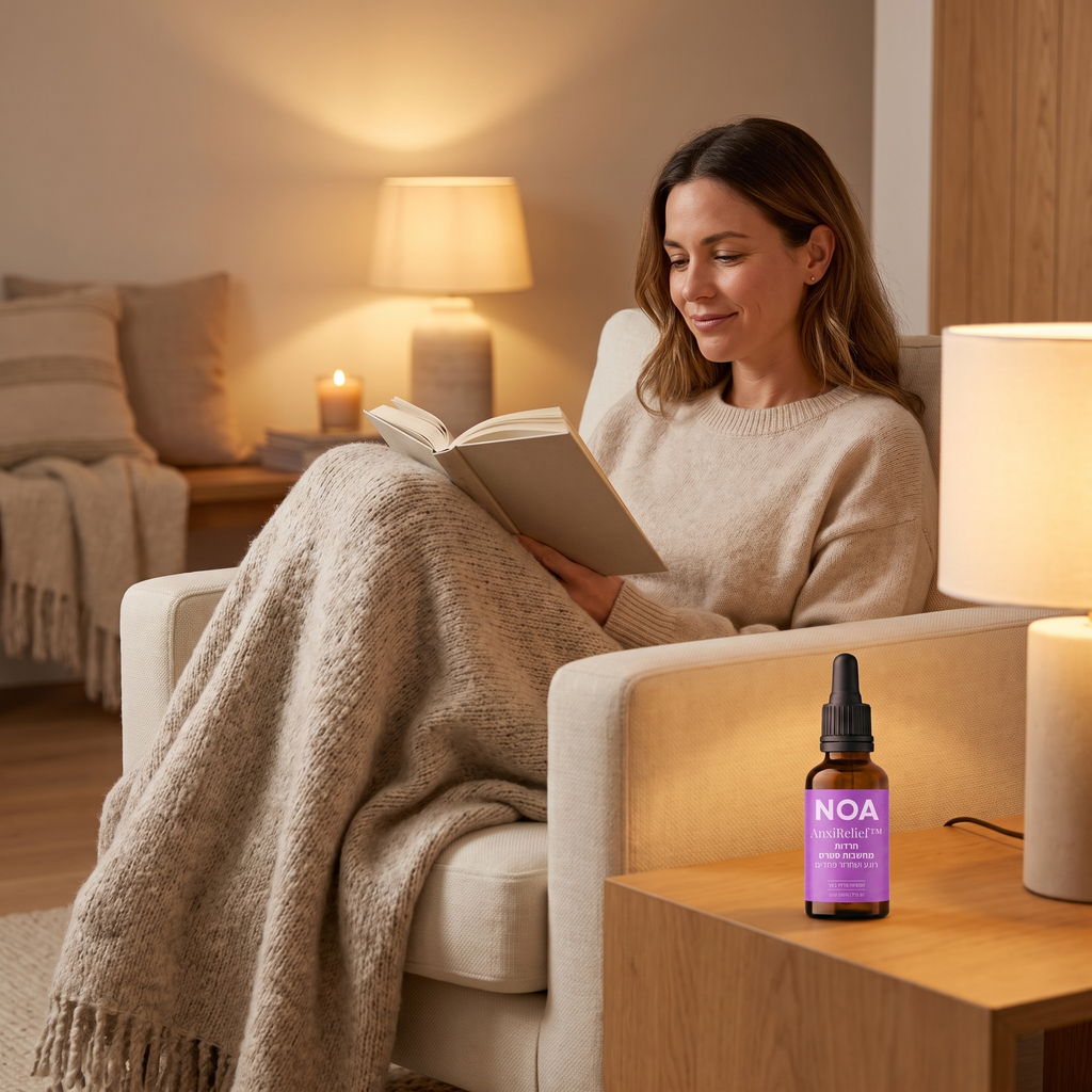 אישה רגועה קוראת ספר בכורסה | NOA AnxiRelief™