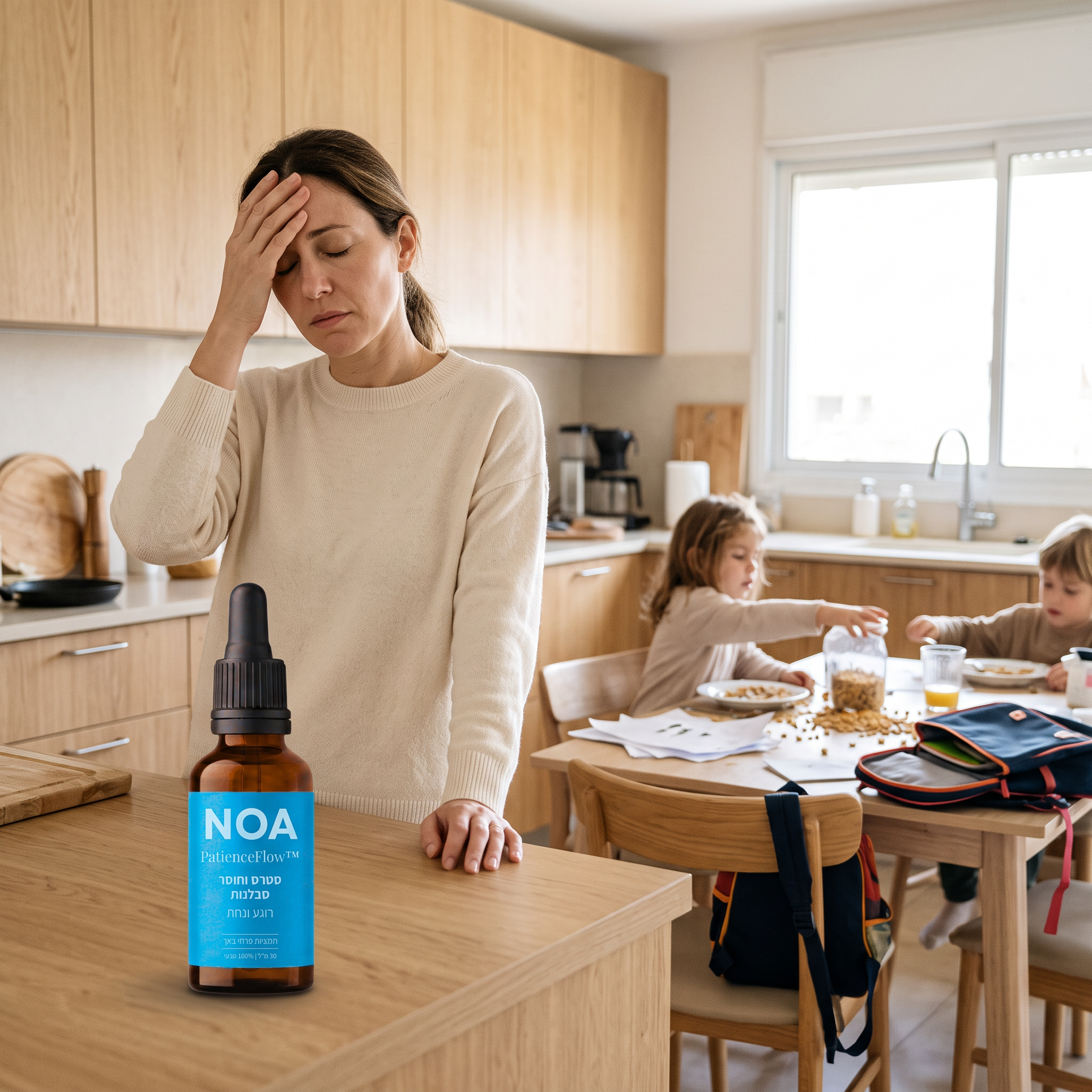 אמא בעומס בוקר במטבח | NOA PatienceFlow™ תמצית פרחי באך